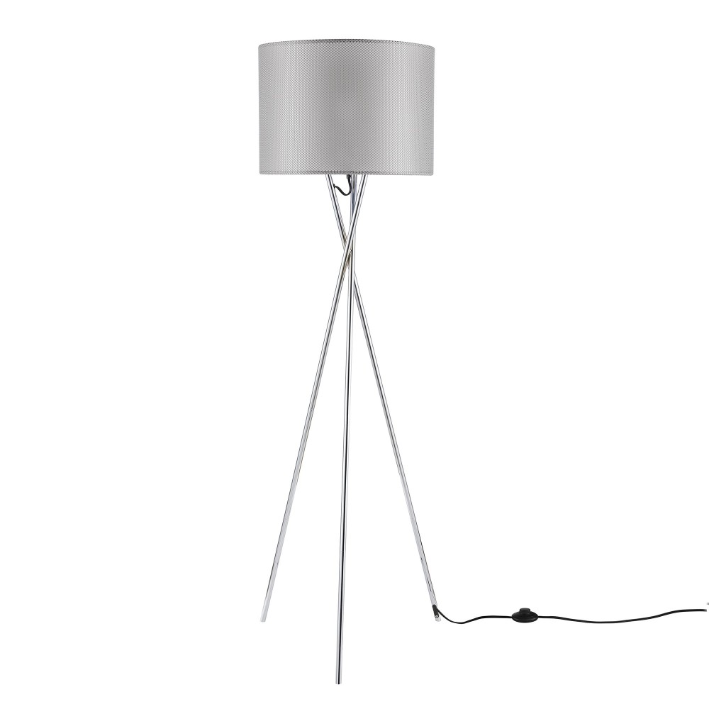 Amlight 62 inch Lisboa Tripod Floor Lamp with Metal Chrome Tripod and Grey Mesh Fabric On Frosted Film Shade