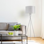 Amlight 62 inch Lisboa Tripod Floor Lamp with Metal Chrome Tripod and Grey Mesh Fabric On Frosted Film Shade