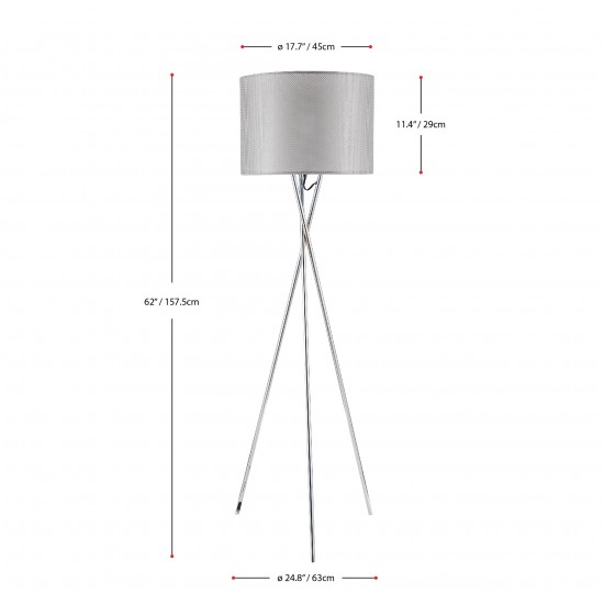 Amlight 62 inch Lisboa Tripod Floor Lamp with Metal Chrome Tripod and Grey Mesh Fabric On Frosted Film Shade
