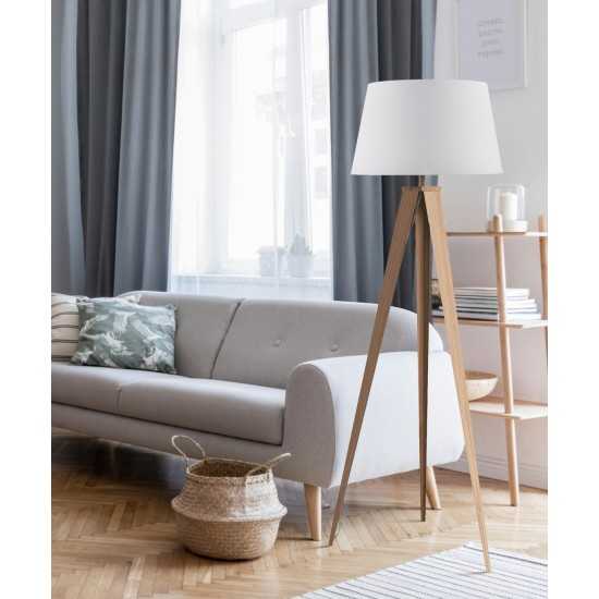 Amlight 61 inch Berlin Tripod Floor Lamp with Metal Wood Pattern Tripod and White Fabric Shade