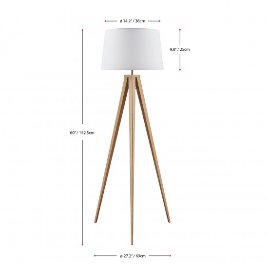 Amlight 61 inch Berlin Tripod Floor Lamp with Metal Wood Pattern Tripod and White Fabric Shade