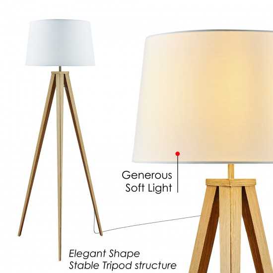 Amlight 61 inch Berlin Tripod Floor Lamp with Metal Wood Pattern Tripod and White Fabric Shade