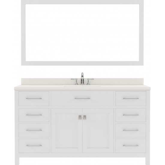 Caroline 60" Single Bath Vanity in White with White Quartz Top and Round Sink with Brushed Nickel Faucet and Matching Mirror