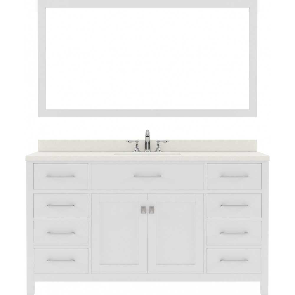 Caroline 60" Single Bath Vanity in White with White Quartz Top and Round Sink with Brushed Nickel Faucet and Matching Mirror