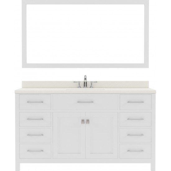 Caroline 60" Single Bath Vanity in White with White Quartz Top and Round Sink with Polished Chrome Faucet and Matching Mirror