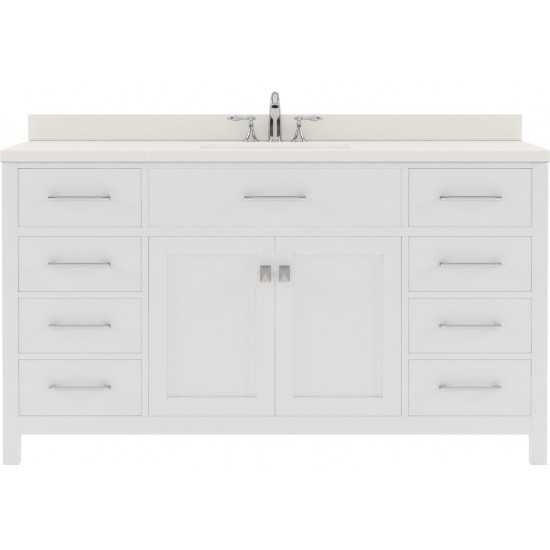 Caroline 60" Single Bath Vanity in White with White Quartz Top and Round Sink