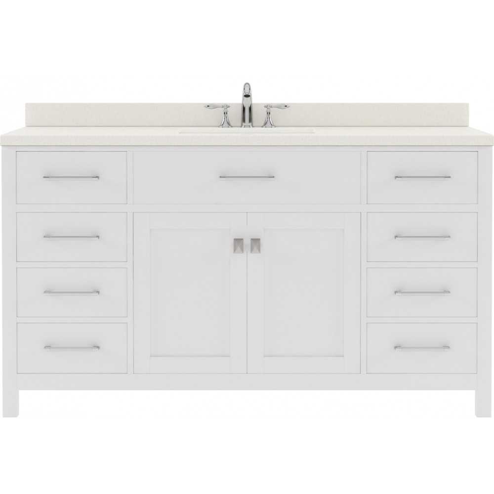 Caroline 60" Single Bath Vanity in White with White Quartz Top and Round Sink