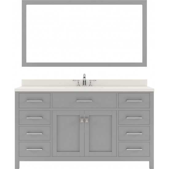 Caroline 60" Single Bath Vanity in Cashmere Gray with White Quartz Top and Square Sink with Brushed Nickel Faucet and Mirror