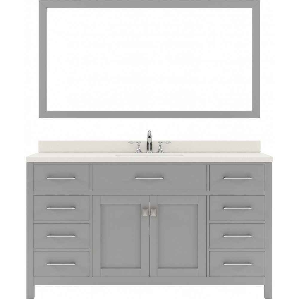 Caroline 60" Single Bath Vanity in Cashmere Gray with White Quartz Top and Square Sink with Brushed Nickel Faucet and Mirror