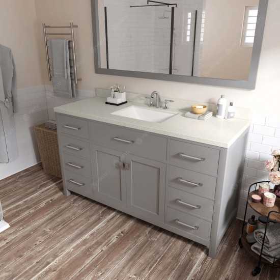 Caroline 60" Single Bath Vanity in Cashmere Gray with White Quartz Top and Square Sink with Brushed Nickel Faucet and Mirror