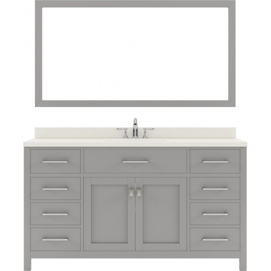 Caroline 60" Single Bath Vanity in Cashmere Gray with White Quartz Top and Square Sink with Polished Chrome Faucet and Mirror