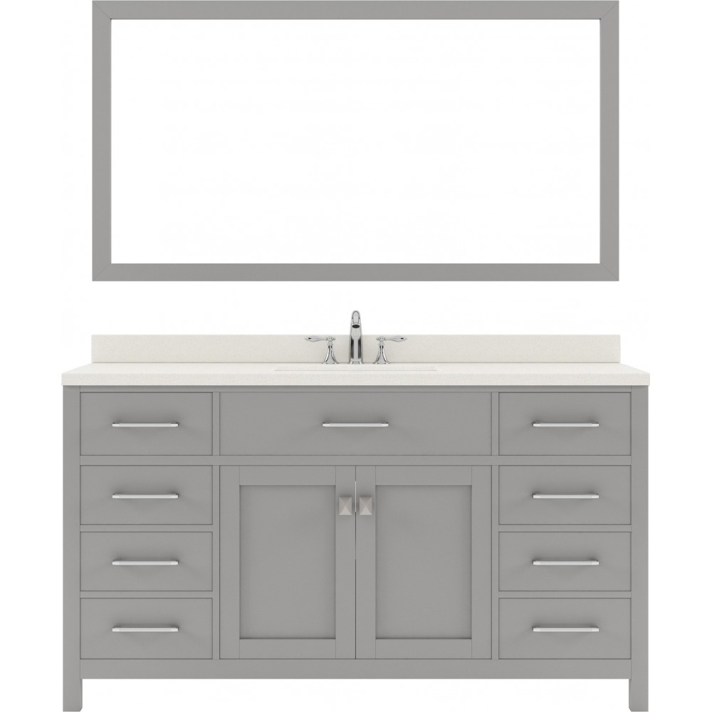 Caroline 60" Single Bath Vanity in Cashmere Gray with White Quartz Top and Square Sink with Polished Chrome Faucet and Mirror