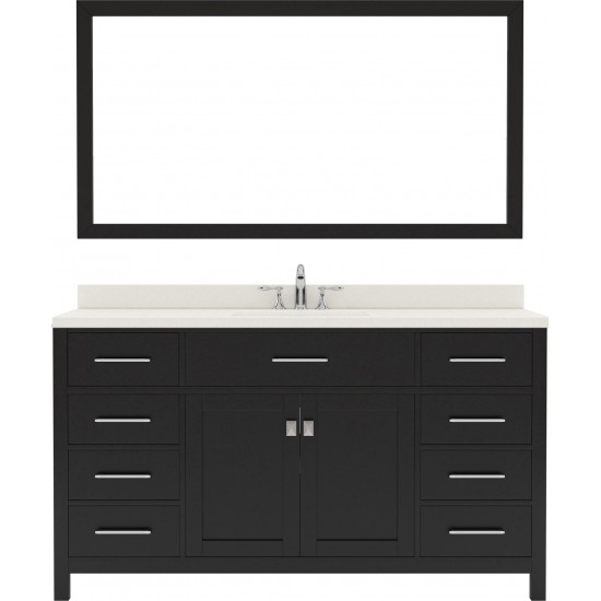 Caroline 60" Single Bath Vanity in Espresso with White Quartz Top and Square Sink with Polished Chrome Faucet and Mirror