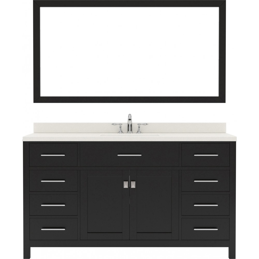 Caroline 60" Single Bath Vanity in Espresso with White Quartz Top and Square Sink with Polished Chrome Faucet and Mirror