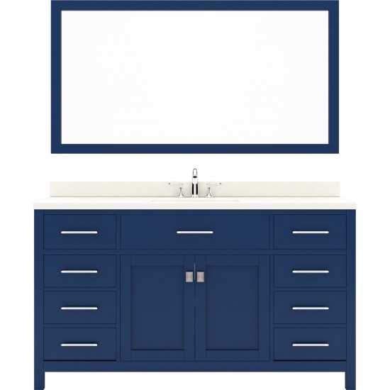 Caroline 60" Single Bath Vanity in French Blue with White Quartz Top and Square Sink and Matching Mirror