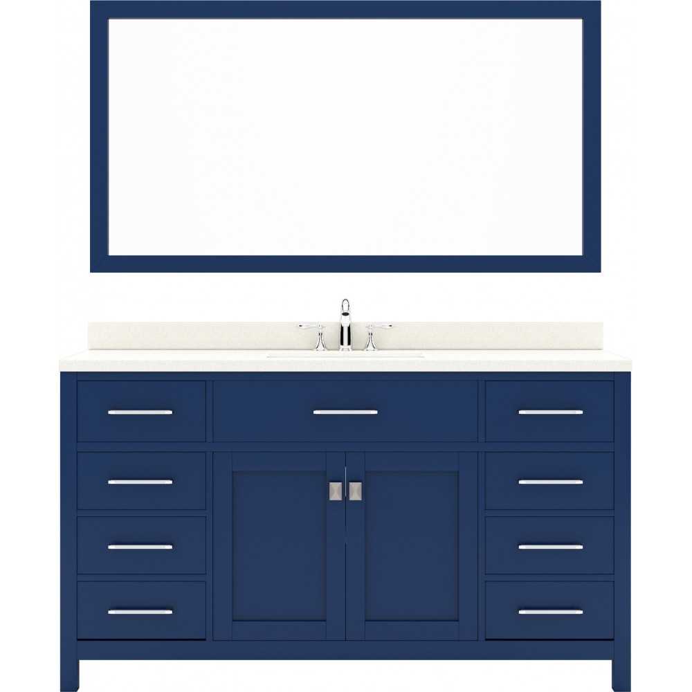 Caroline 60" Single Bath Vanity in French Blue with White Quartz Top and Square Sink with Brushed Nickel Faucet and Mirror