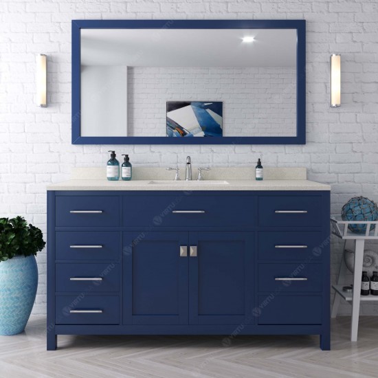 Caroline 60" Single Bath Vanity in French Blue with White Quartz Top and Square Sink with Brushed Nickel Faucet and Mirror