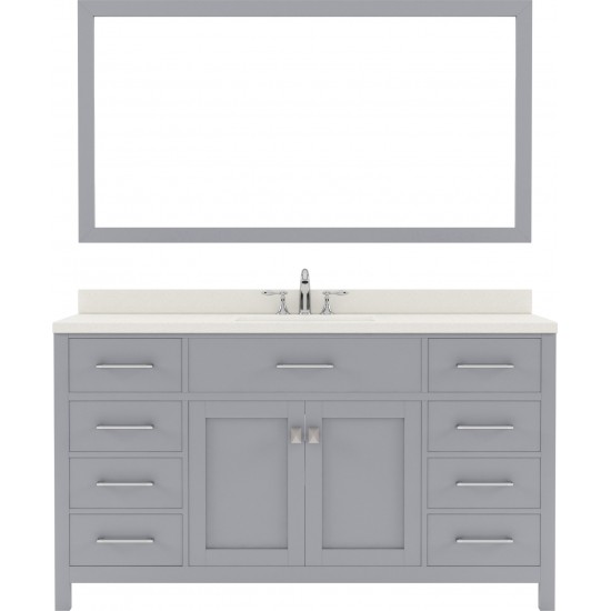 Caroline 60" Single Bath Vanity in Gray with White Quartz Top and Square Sink with Brushed Nickel Faucet and Matching Mirror