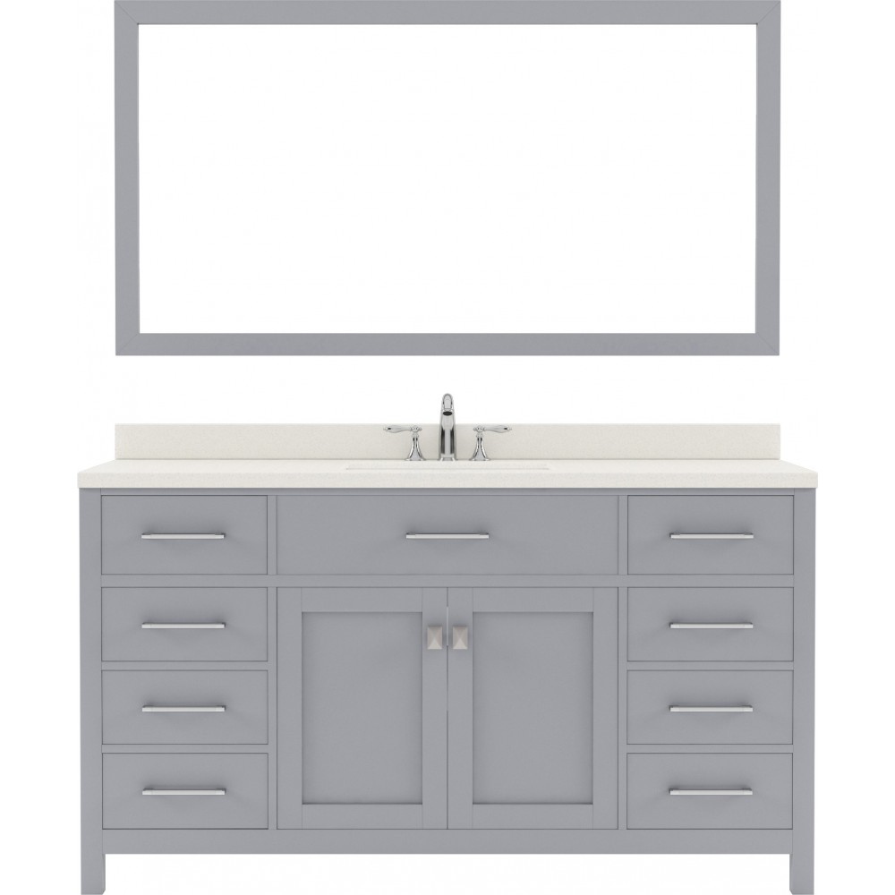 Caroline 60" Single Bath Vanity in Gray with White Quartz Top and Square Sink with Brushed Nickel Faucet and Matching Mirror