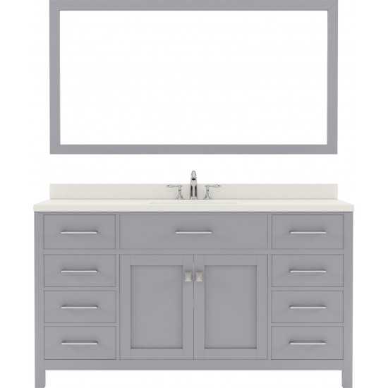 Caroline 60" Single Bath Vanity in Gray with White Quartz Top and Square Sink with Polished Chrome Faucet and Matching Mirror