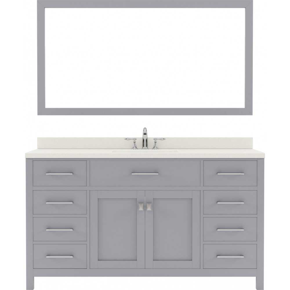 Caroline 60" Single Bath Vanity in Gray with White Quartz Top and Square Sink with Polished Chrome Faucet and Matching Mirror