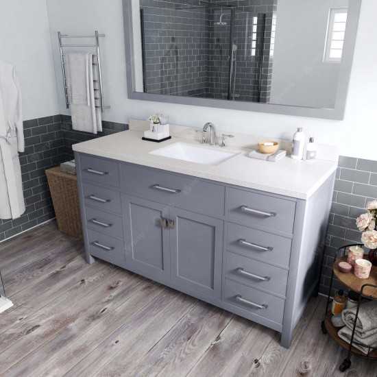 Caroline 60" Single Bath Vanity in Gray with White Quartz Top and Square Sink with Polished Chrome Faucet and Matching Mirror