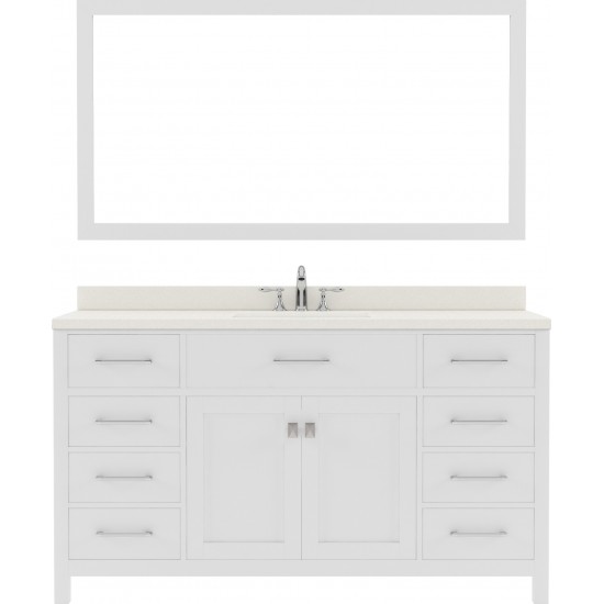 Caroline 60" Single Bath Vanity in White with White Quartz Top and Square Sink with Brushed Nickel Faucet and Matching Mirror