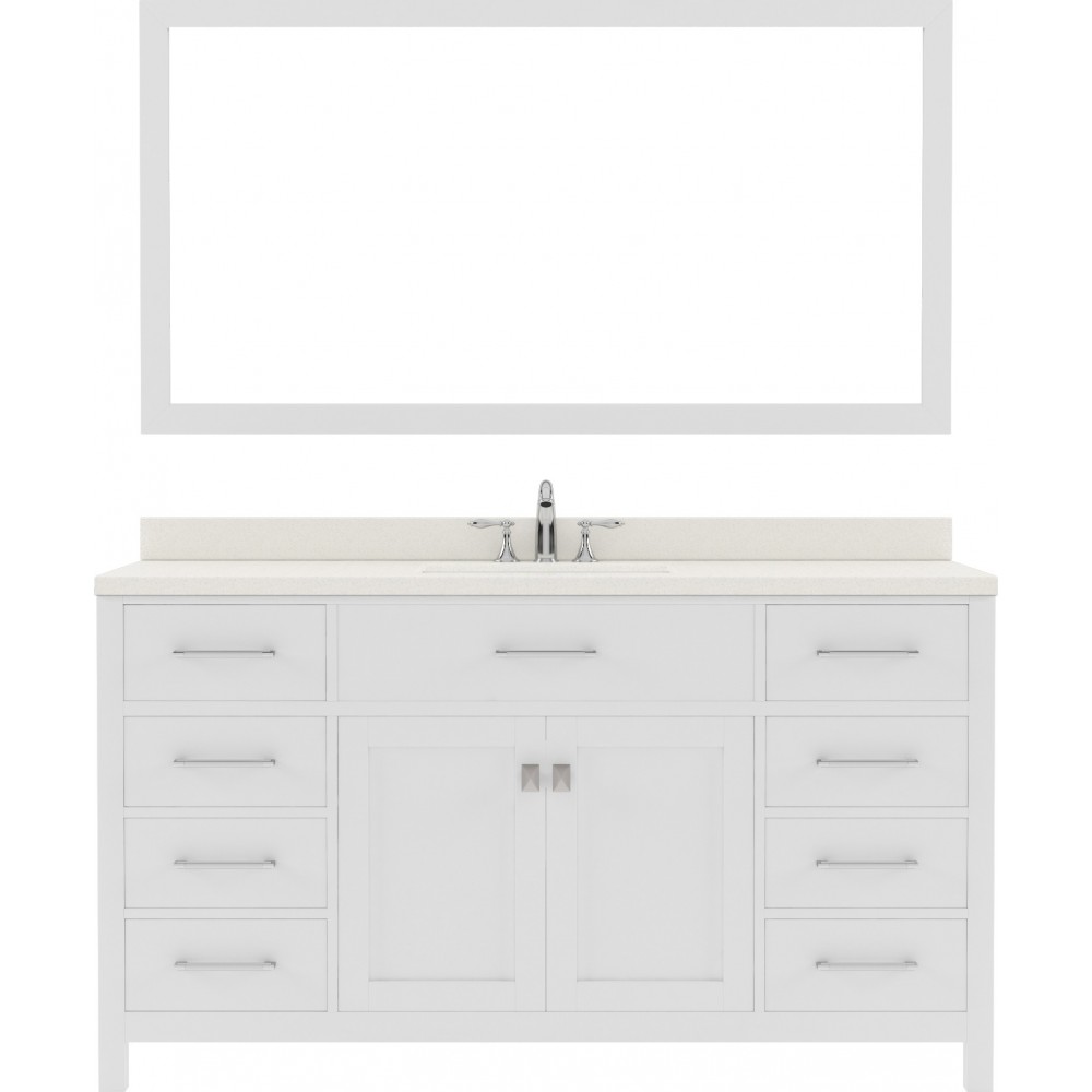 Caroline 60" Single Bath Vanity in White with White Quartz Top and Square Sink with Brushed Nickel Faucet and Matching Mirror