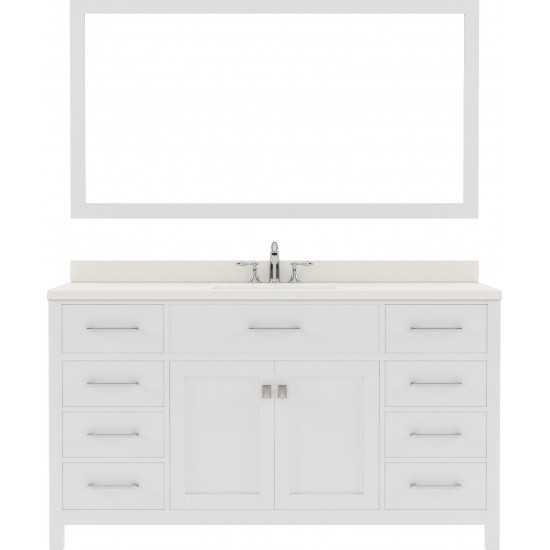 Caroline 60" Single Bath Vanity in White with White Quartz Top and Square Sink with Polished Chrome Faucet and Matching Mirro