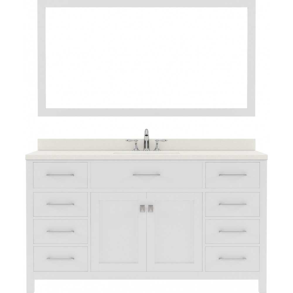 Caroline 60" Single Bath Vanity in White with White Quartz Top and Square Sink with Polished Chrome Faucet and Matching Mirro