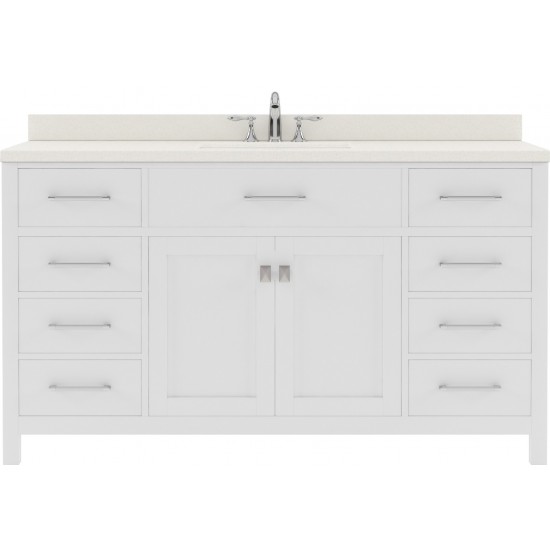 Caroline 60" Single Bath Vanity in White with White Quartz Top and Square Sink