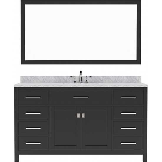 Caroline 60" Single Bath Vanity in Espresso with White Marble Top and Round Sink and Matching Mirror