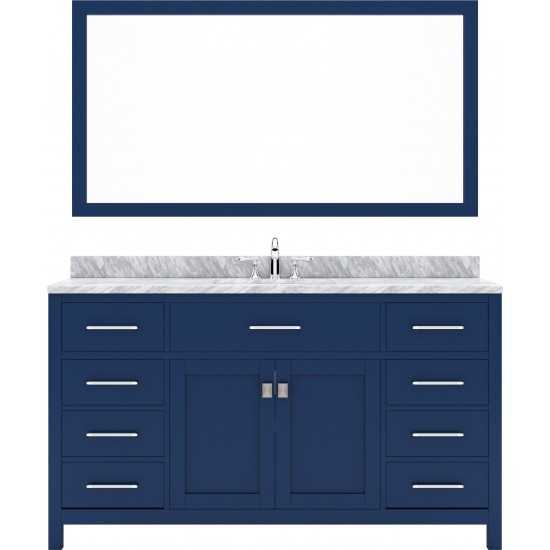 Caroline 60" Single Bath Vanity in French Blue with White Marble Top and Round Sink and Matching Mirror