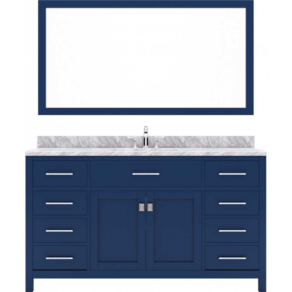 Caroline 60" Single Bath Vanity in French Blue with White Marble Top and Round Sink and Matching Mirror