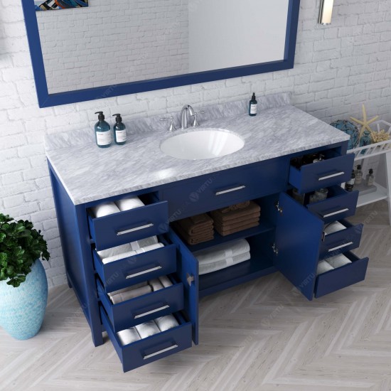 Caroline 60" Single Bath Vanity in French Blue with White Marble Top and Round Sink and Matching Mirror