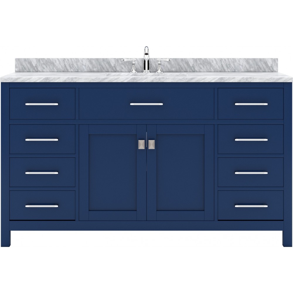 Caroline 60" Single Bath Vanity in French Blue with White Marble Top and Round Sink with Brushed Nickel Faucet