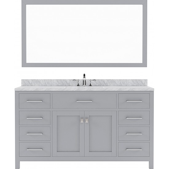 Caroline 60" Single Bath Vanity in Gray with White Marble Top and Round Sink and Matching Mirror