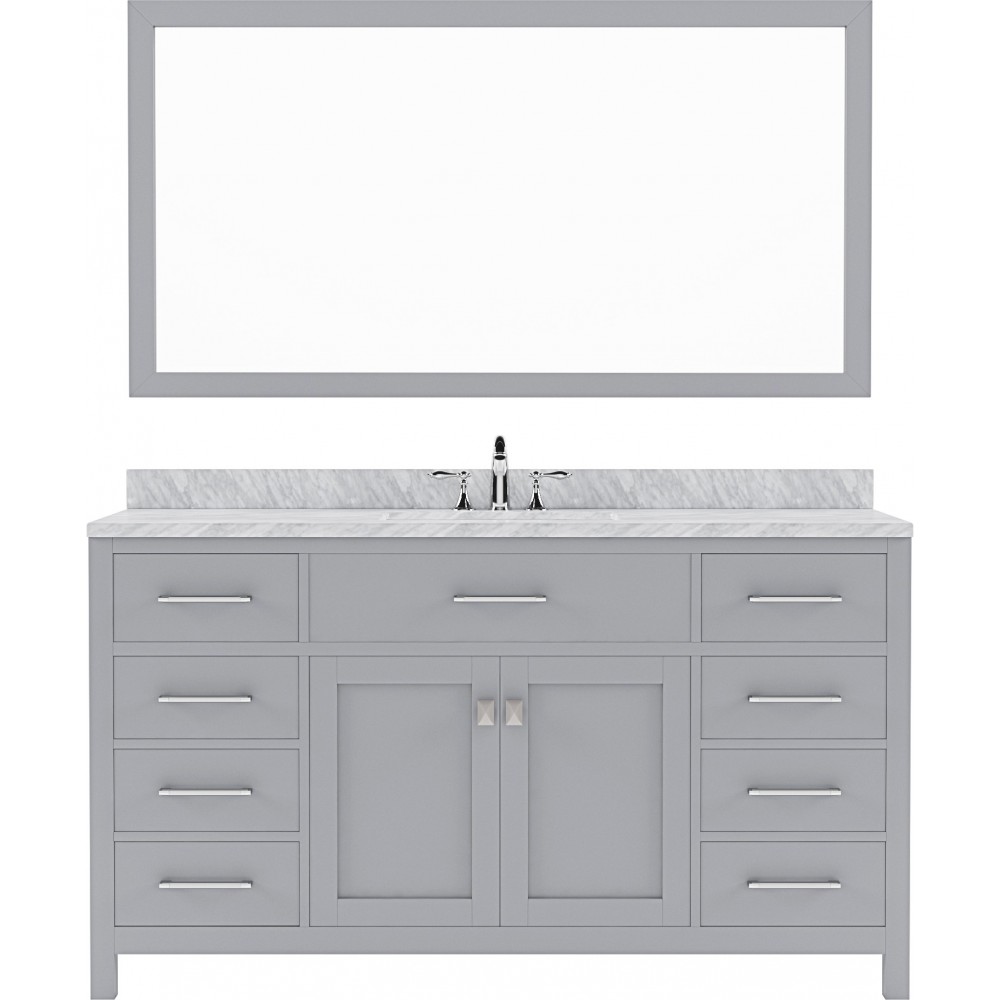 Caroline 60" Single Bath Vanity in Gray with White Marble Top and Round Sink and Matching Mirror