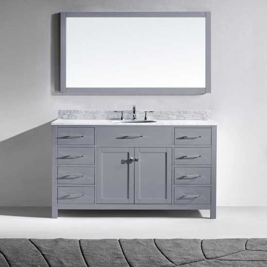 Caroline 60" Single Bath Vanity in Gray with White Marble Top and Round Sink and Matching Mirror