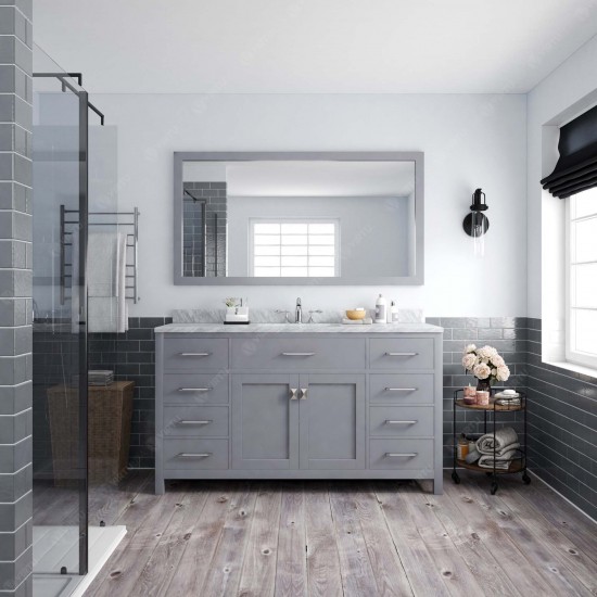 Caroline 60" Single Bath Vanity in Gray with White Marble Top and Round Sink and Matching Mirror