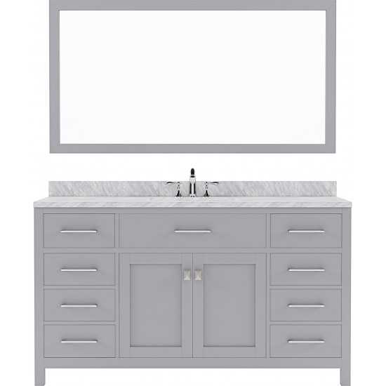 Caroline 60" Single Bath Vanity in Gray with White Marble Top and Round Sink with Brushed Nickel Faucet and Matching Mirror