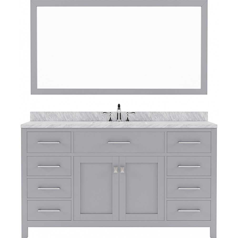 Caroline 60" Single Bath Vanity in Gray with White Marble Top and Round Sink with Brushed Nickel Faucet and Matching Mirror