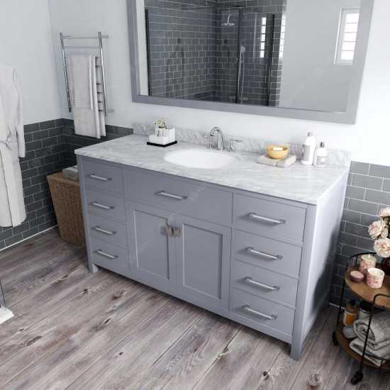 Caroline 60" Single Bath Vanity in Gray with White Marble Top and Round Sink with Brushed Nickel Faucet and Matching Mirror