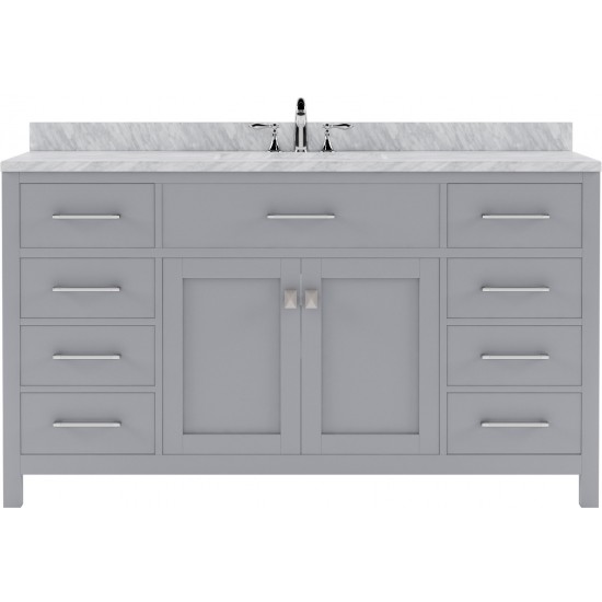 Caroline 60" Single Bath Vanity in Gray with White Marble Top and Round Sink with Brushed Nickel Faucet