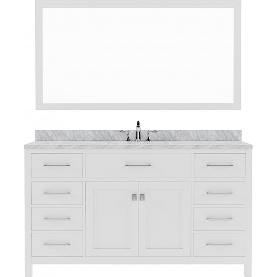 Caroline 60" Single Bath Vanity in White with White Marble Top and Round Sink and Matching Mirror