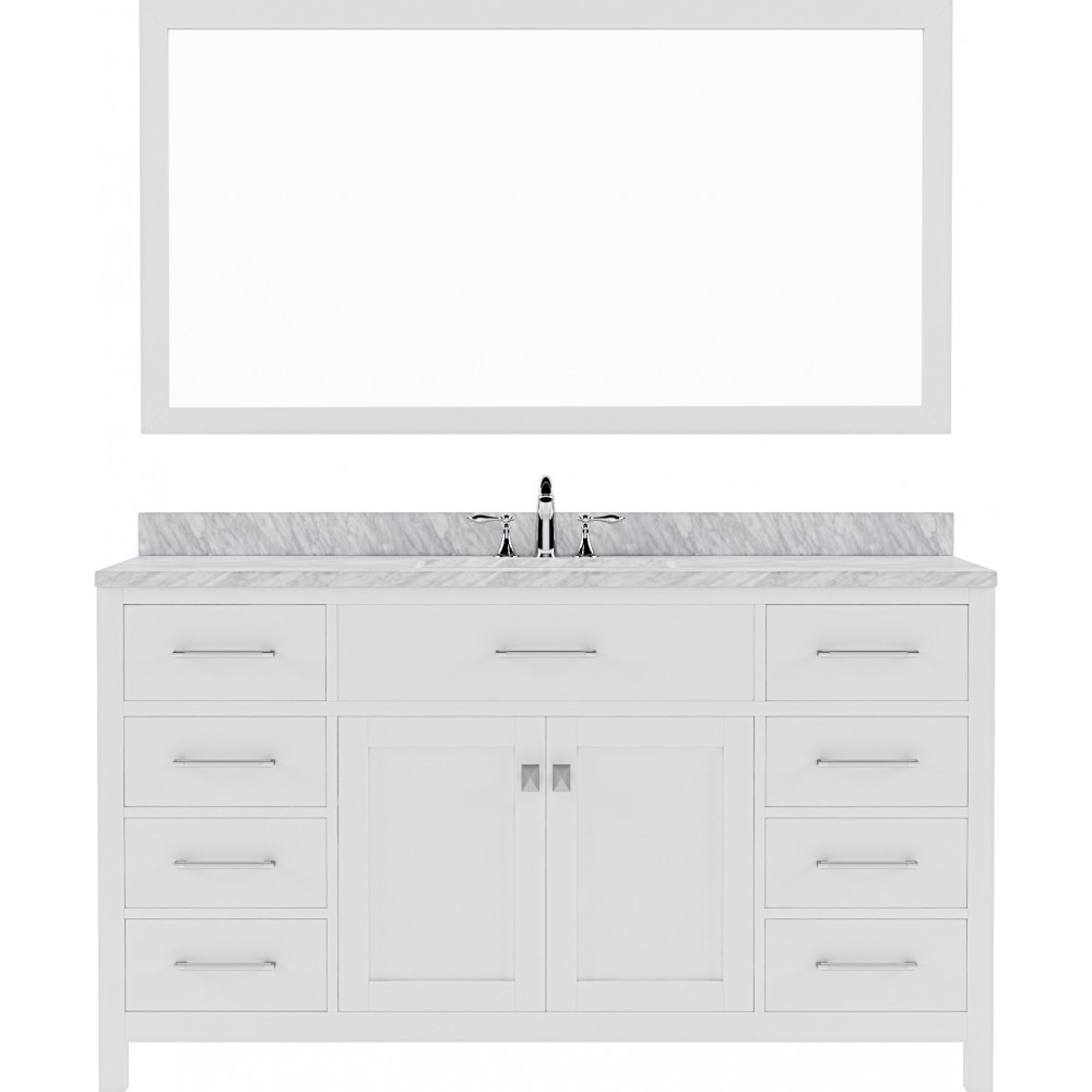 Caroline 60" Single Bath Vanity in White with White Marble Top and Round Sink and Matching Mirror