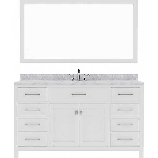 Caroline 60" Single Bath Vanity in White with White Marble Top and Round Sink with Brushed Nickel Faucet and Matching Mirror