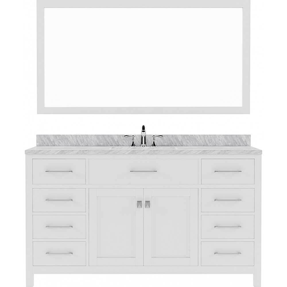 Caroline 60" Single Bath Vanity in White with White Marble Top and Round Sink with Brushed Nickel Faucet and Matching Mirror