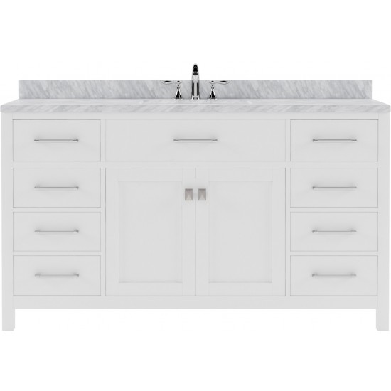 Caroline 60" Single Bath Vanity in White with White Marble Top and Round Sink with Brushed Nickel Faucet