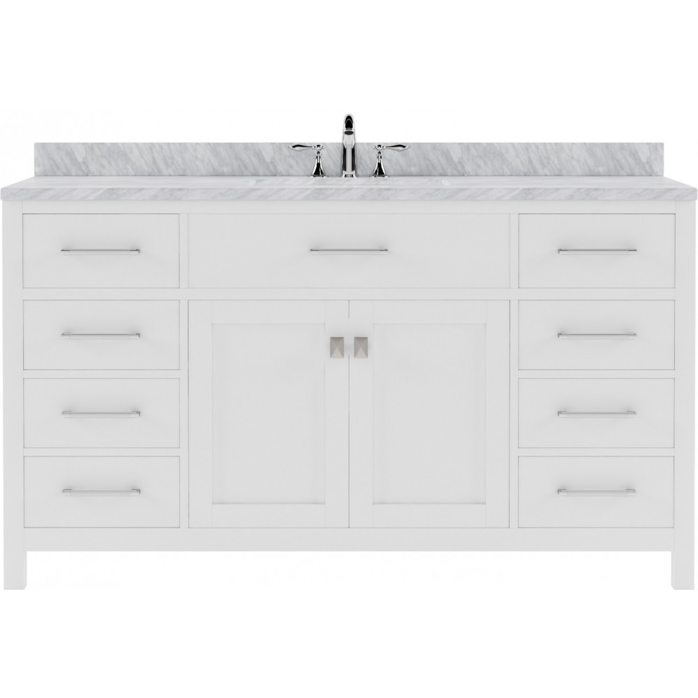 Caroline 60" Single Bath Vanity in White with White Marble Top and Round Sink with Brushed Nickel Faucet